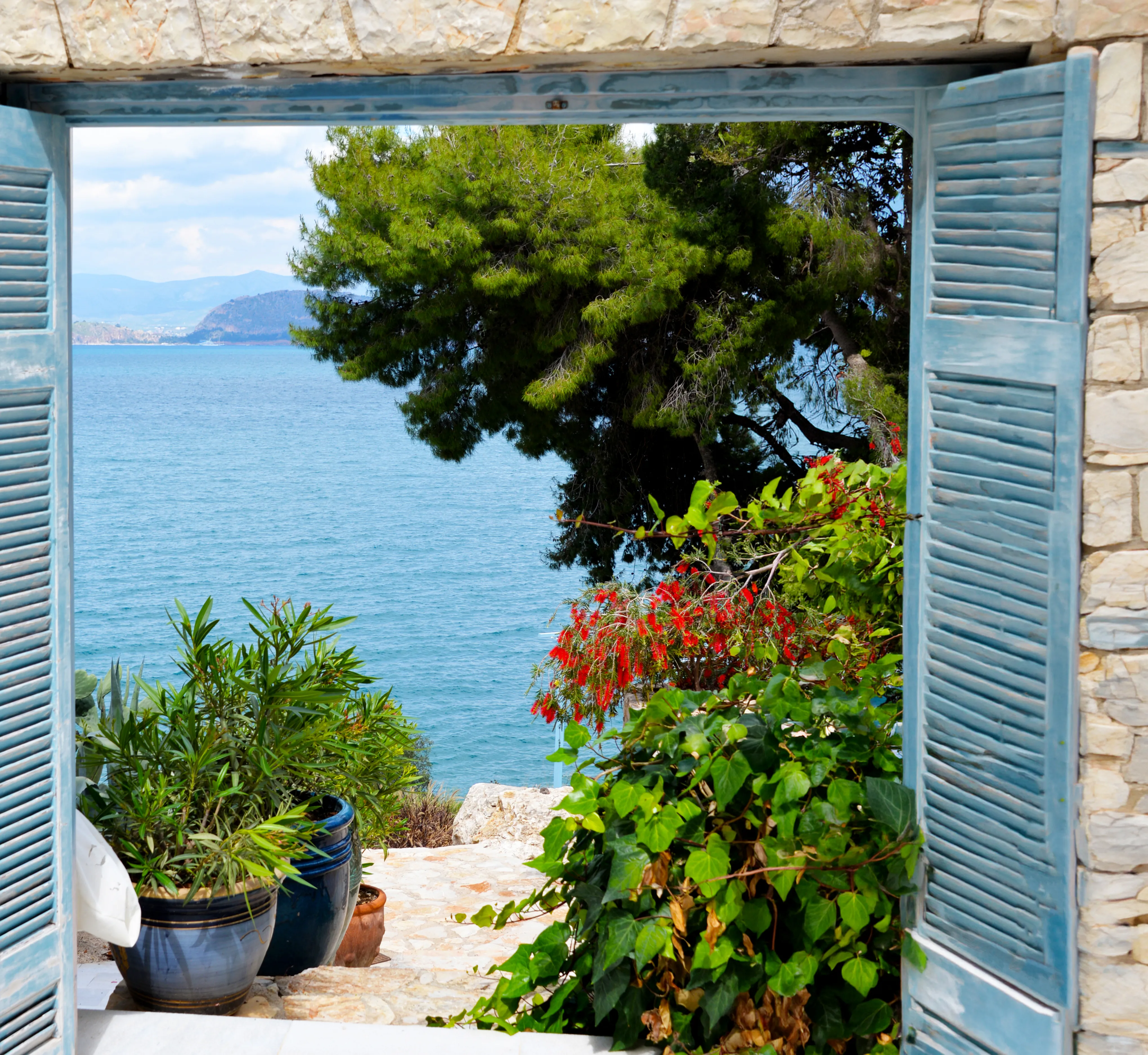 View through open blue shutters to the sea and flowering plants